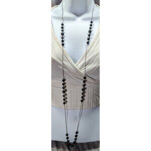 Elegant Opera Station Necklace Black Beads On Silver Tone Snake Chain